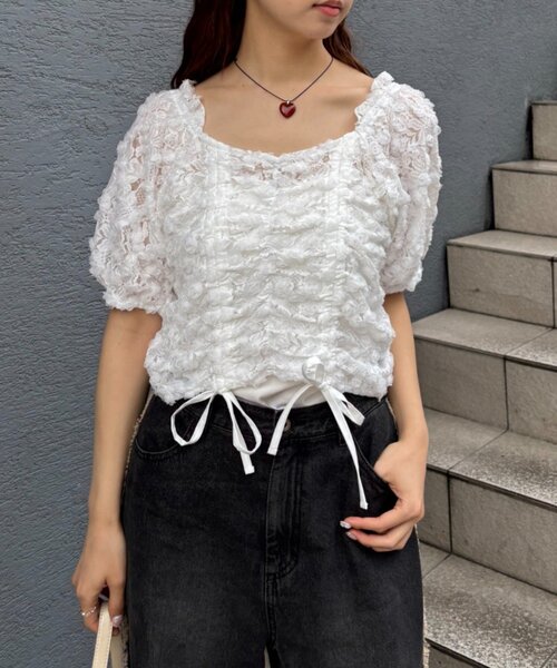 w closet(ダブルクローゼット)の「フラワーレースドロストブラウス 夏服(シャツ/ブラウス・レディース・グリーン/オフホワイト/ブラック・FREE)」の16枚目の写真