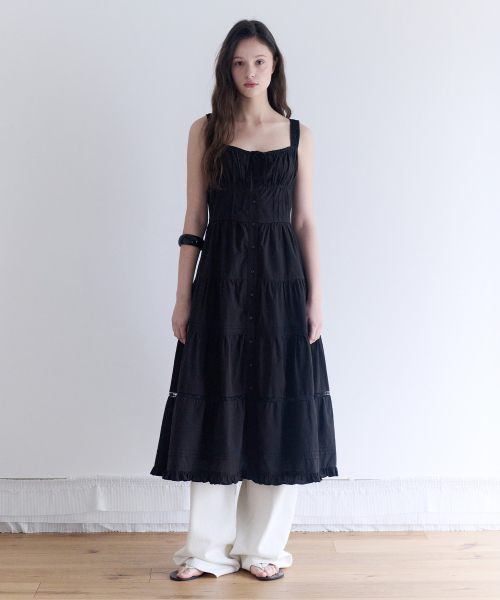 PEASANT SHIRRING LONG ONE PIECE BLACK（ワンピース）｜ROLAROLA