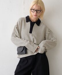【WEB限定】襟ニット切替ボーダーポロシャツ
