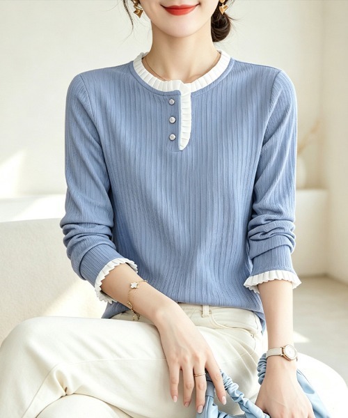 ONEP STAR(ワンピスター)の「配色フリル切り替え長袖リブトップス(Tシャツ/カットソー・レディース・ブルー・MEDIUM/X-LARGE/LARGE)」の2枚目の写真