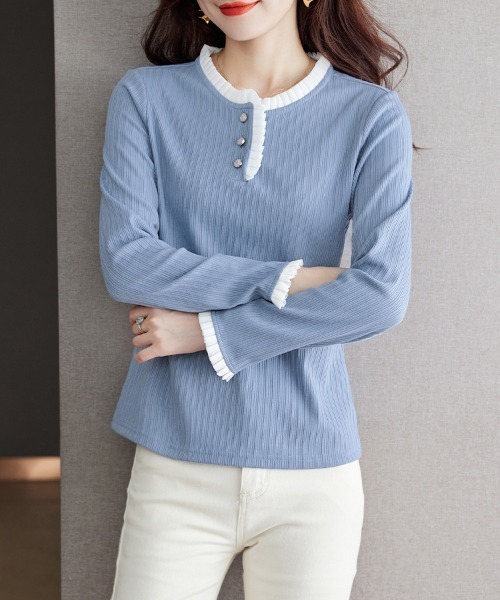 ONEP STAR(ワンピスター)の「配色フリル切り替え長袖リブトップス(Tシャツ/カットソー・レディース・ブルー・MEDIUM/X-LARGE/LARGE)」の6枚目の写真
