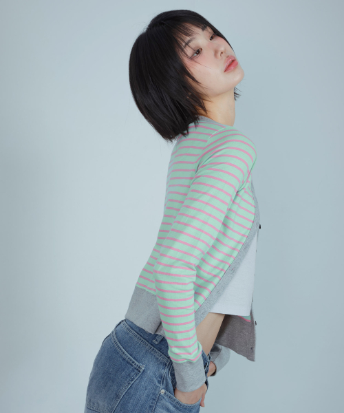 KIJIKO(キジコ)の「ke109. サイドボタンカラーブロックカーディガン ミント(カーディガン/ボレロ・レディース・その他・FREE)」の4枚目の写真