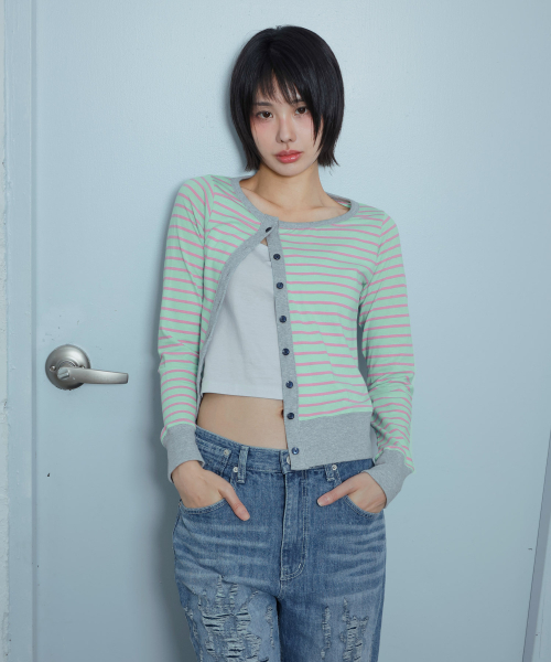 KIJIKO(キジコ)の「ke109. サイドボタンカラーブロックカーディガン ミント(カーディガン/ボレロ・レディース・その他・FREE)」の6枚目の写真