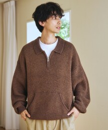 限定展開 衿付 ハーフジップ ニット / マフポケット ドロップショルダー