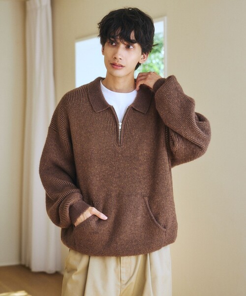 FREAK'S STORE(フリークスストア)の「限定展開 衿付 ハーフジップ ニット / マフポケット ドロップショルダー(ニット/セーター・メンズ・ブルー/ブラック/ブラウン・LARGE/SMALL/MEDIUM)」の16枚目の写真
