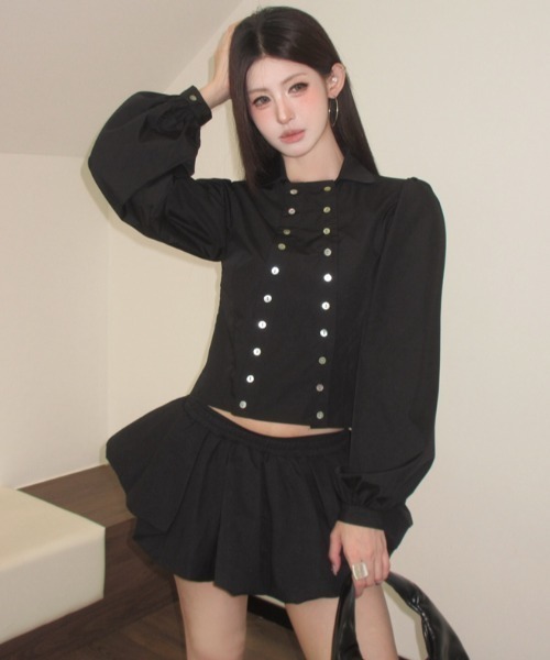 Aelina(エリナ)の「ダブルブレストパフスリーブショートブラウス(シャツ/ブラウス・レディース・ホワイト/ブラック・FREE)」の11枚目の写真
