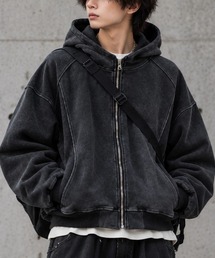 Theater code（シアターコード）の「Vintage-Style Zip-Up Hoodie/ヴィンテージ風 ジップパーカー 切り替え ピグメント加工 無地 グランジ ストリート Y2K 韓国ファッション メンズ レディース ユニセックス 2026秋冬 秋服 冬服 秋 冬（パーカー）」