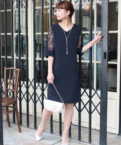 TRUDEA（トルディア）の「袖レースIラインワンピース（ドレス・レディース・ライトグレー/ブラック/ネイビー/ブルー/オレンジ/モカ・MEDIUM/LARGE/X-LARGE）」の12枚目の写真