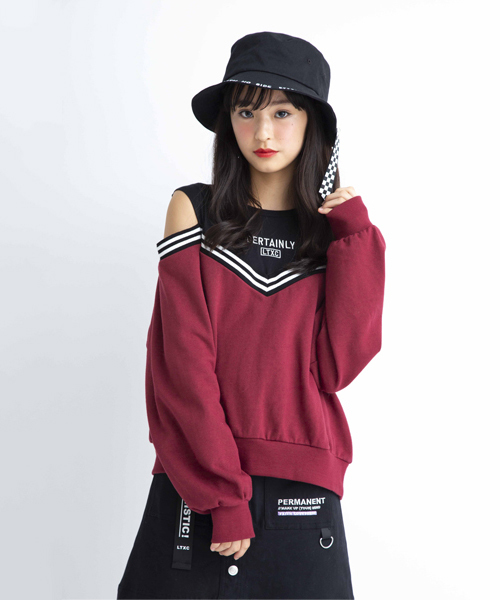 国内外の人気が集結のレイヤード風肩開きトレーナー 即納 最大半額 の