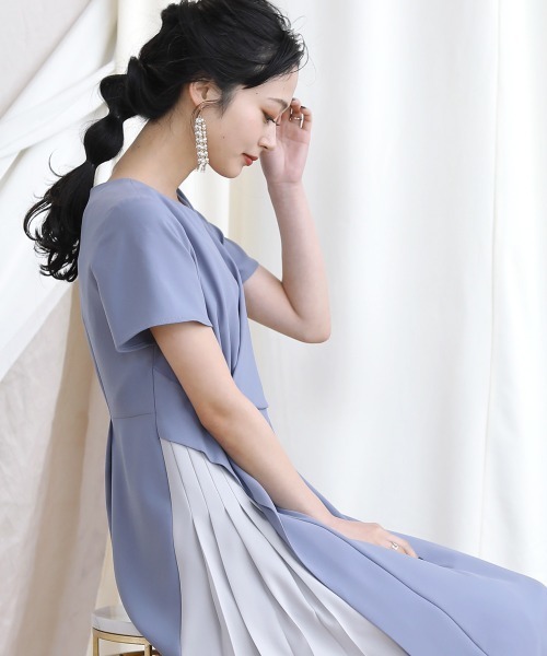 Jeloud ブージュルード のファッション ドレス 結婚式 パーティに サイドプリーツ配色ワンピース ドレス Bou Bou セール