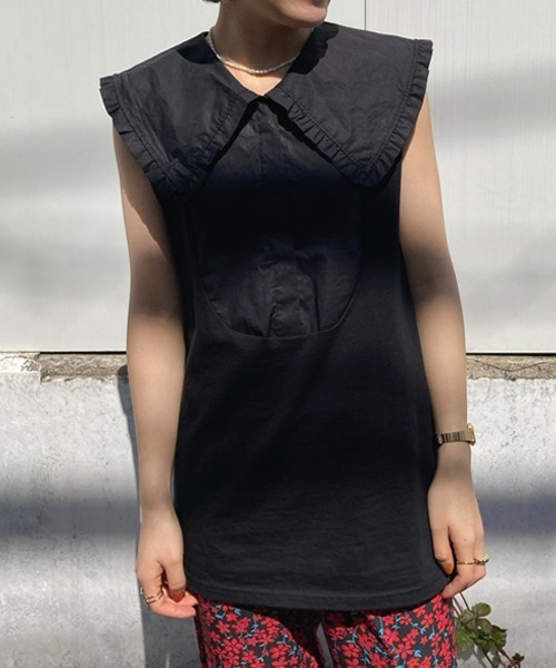 Factor=（ファクターイコール）の「つけ襟風ビックカラーノースリーブカットソー（付け襟・レディース・ホワイト系1/ホワイト系2/ブラック系1/ブラック系2・FREE）」の7枚目の写真