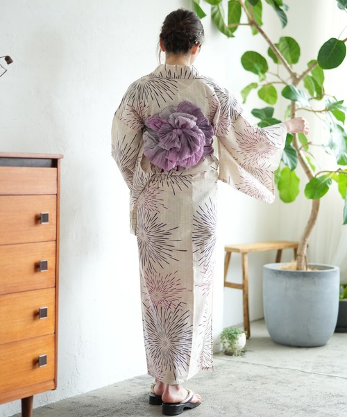 美品　utatane　浴衣セット　萩　ベージュ　ウタタネ　花柄　くすみ紫 utatane｜utatane Sサイズ 浴衣3点セット ベージュに薄紫の