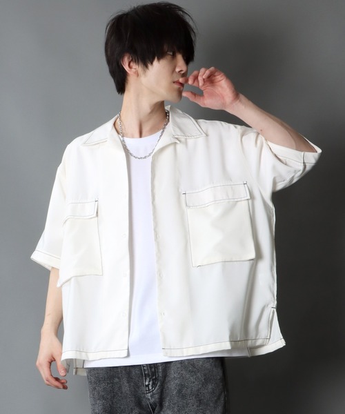 SITRY（シトリー）の「Silky Drape Half sleeve CPO  Open color Shirt/シルキードレープ ハーフスリーブ CPO オープンカラーシャツ（シャツ/ブラウス・メンズ・グレイッシュベージュ/ホワイト/ブラック/サックスブルー/グリーン/モカ/ダークグリーン/オフホワイト・M/L）」の3枚目の写真