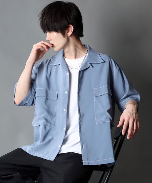 SITRY（シトリー）の「Silky Drape Half sleeve CPO  Open color Shirt/シルキードレープ ハーフスリーブ CPO オープンカラーシャツ（シャツ/ブラウス・メンズ・グレイッシュベージュ/ホワイト/ブラック/サックスブルー/グリーン/モカ/ダークグリーン/オフホワイト・M/L）」の8枚目の写真