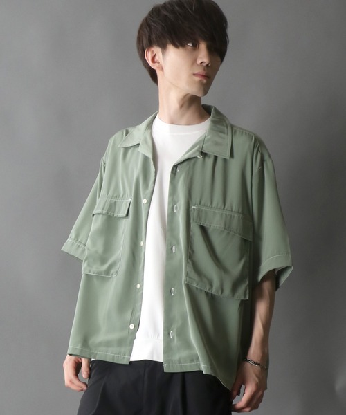 SITRY（シトリー）の「Silky Drape Half sleeve CPO  Open color Shirt/シルキードレープ ハーフスリーブ CPO オープンカラーシャツ（シャツ/ブラウス・メンズ・グレイッシュベージュ/ホワイト/ブラック/サックスブルー/グリーン/モカ/ダークグリーン/オフホワイト・M/L）」の7枚目の写真
