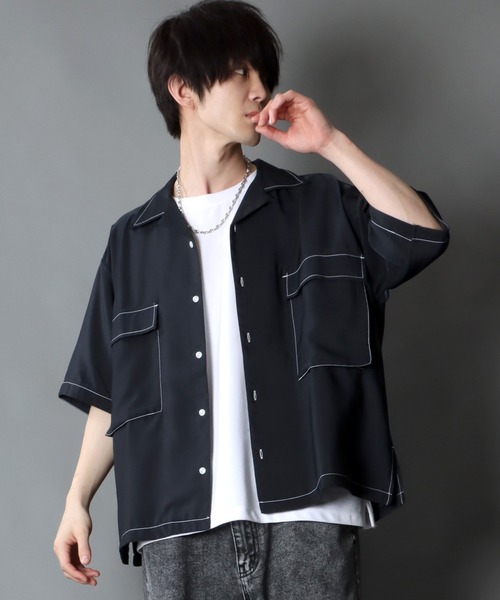 SITRY（シトリー）の「Silky Drape Half sleeve CPO  Open color Shirt/シルキードレープ ハーフスリーブ CPO オープンカラーシャツ（シャツ/ブラウス・メンズ・グレイッシュベージュ/ホワイト/ブラック/サックスブルー/グリーン/モカ/ダークグリーン/オフホワイト・M/L）」の4枚目の写真