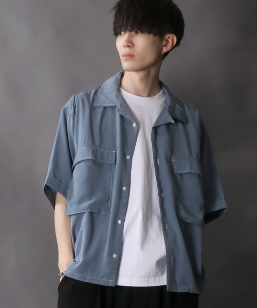 SITRY（シトリー）の「Silky Drape Half sleeve CPO  Open color Shirt/シルキードレープ ハーフスリーブ CPO オープンカラーシャツ（シャツ/ブラウス・メンズ・グレイッシュベージュ/ホワイト/ブラック/サックスブルー/グリーン/モカ/ダークグリーン/オフホワイト・M/L）」の13枚目の写真