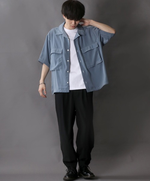 SITRY（シトリー）の「Silky Drape Half sleeve CPO  Open color Shirt/シルキードレープ ハーフスリーブ CPO オープンカラーシャツ（シャツ/ブラウス・メンズ・グレイッシュベージュ/ホワイト/ブラック/サックスブルー/グリーン/モカ/ダークグリーン/オフホワイト・M/L）」の16枚目の写真