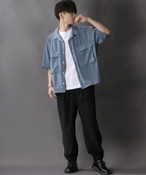 SITRY（シトリー）の「Silky Drape Half sleeve CPO  Open color Shirt/シルキードレープ ハーフスリーブ CPO オープンカラーシャツ（シャツ/ブラウス・メンズ・グレイッシュベージュ/ホワイト/ブラック/サックスブルー/グリーン/モカ/ダークグリーン/オフホワイト・M/L）」の17枚目の写真