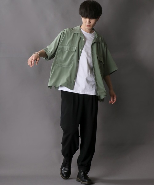 SITRY（シトリー）の「Silky Drape Half sleeve CPO  Open color Shirt/シルキードレープ ハーフスリーブ CPO オープンカラーシャツ（シャツ/ブラウス・メンズ・グレイッシュベージュ/ホワイト/ブラック/サックスブルー/グリーン/モカ/ダークグリーン/オフホワイト・M/L）」の11枚目の写真