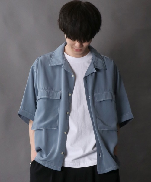 SITRY（シトリー）の「Silky Drape Half sleeve CPO  Open color Shirt/シルキードレープ ハーフスリーブ CPO オープンカラーシャツ（シャツ/ブラウス・メンズ・グレイッシュベージュ/ホワイト/ブラック/サックスブルー/グリーン/モカ/ダークグリーン/オフホワイト・M/L）」の14枚目の写真