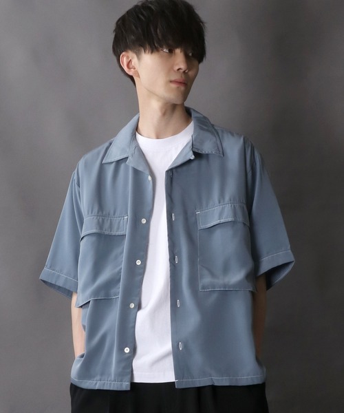 SITRY（シトリー）の「Silky Drape Half sleeve CPO  Open color Shirt/シルキードレープ ハーフスリーブ CPO オープンカラーシャツ（シャツ/ブラウス・メンズ・グレイッシュベージュ/ホワイト/ブラック/サックスブルー/グリーン/モカ/ダークグリーン/オフホワイト・M/L）」の15枚目の写真