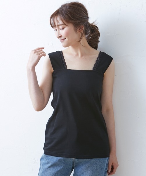 SMILE LAND（スマイルランド）の「大きいサイズ アクセントレース使いインナータンクトップ（キャミソール・レディース・ブラック/オフホワイト・5L/6L/LL/4L/3L）」の2枚目の写真
