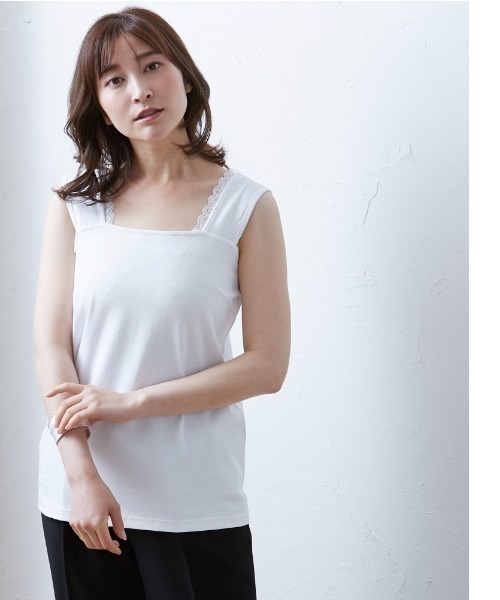 SMILE LAND（スマイルランド）の「大きいサイズ アクセントレース使いインナータンクトップ（キャミソール・レディース・ブラック/オフホワイト・5L/6L/LL/4L/3L）」の5枚目の写真