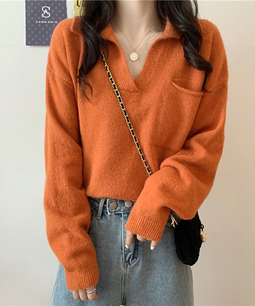 MAISON DE THERESE(メゾン ド テレーズ)の「Vネック 片ポケット ニットトップス(ニット/セーター・レディース・オレンジ/アイボリー・FREE)」の2枚目の写真
