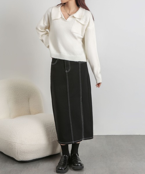 MAISON DE THERESE(メゾン ド テレーズ)の「Vネック 片ポケット ニットトップス(ニット/セーター・レディース・オレンジ/アイボリー・FREE)」の5枚目の写真