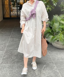 ストライプスタンドカラーシャツワンピース