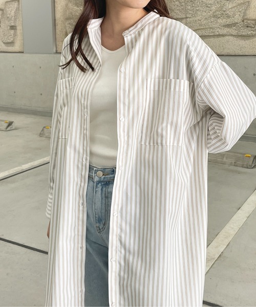 StyleSea(スタイルシー)の「ストライプスタンドカラーシャツワンピース(シャツワンピース・レディース・ネイビー×ホワイト/ホワイト系/ベージュ系/アイボリー系・MEDIUM)」の7枚目の写真