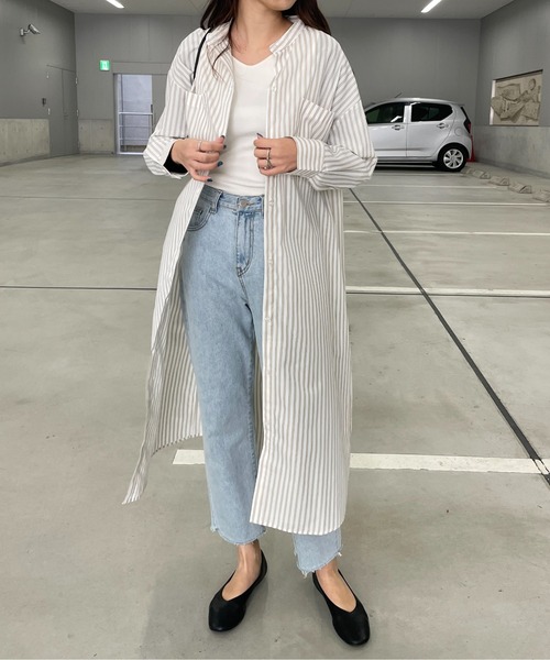 StyleSea(スタイルシー)の「ストライプスタンドカラーシャツワンピース(シャツワンピース・レディース・ネイビー×ホワイト/ホワイト系/ベージュ系/アイボリー系・MEDIUM)」の8枚目の写真