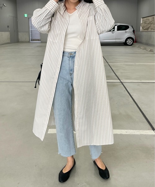 StyleSea(スタイルシー)の「ストライプスタンドカラーシャツワンピース(シャツワンピース・レディース・ネイビー×ホワイト/ホワイト系/ベージュ系/アイボリー系・MEDIUM)」の6枚目の写真