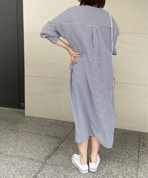StyleSea(スタイルシー)の「ストライプスタンドカラーシャツワンピース(シャツワンピース・レディース・ネイビー×ホワイト/ホワイト系/ベージュ系/アイボリー系・MEDIUM)」の17枚目の写真