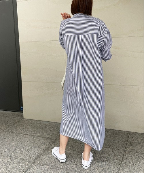 StyleSea(スタイルシー)の「ストライプスタンドカラーシャツワンピース(シャツワンピース・レディース・ネイビー×ホワイト/ホワイト系/ベージュ系/アイボリー系・MEDIUM)」の20枚目の写真