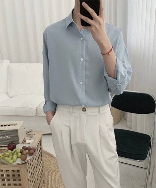 NOWLE（ノウル）の「【NOWLE】長袖 シフォン風 とろみシャツ（シャツ/ブラウス・メンズ・ブラック/ホワイト/ダークグレー/ライトグリーン/サックスブルー・MEDIUM/LARGE/XX-LARGE/X-LARGE）」の5枚目の写真