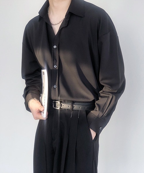 NOWLE（ノウル）の「【NOWLE】長袖 シフォン風 とろみシャツ（シャツ/ブラウス・メンズ・ブラック/ホワイト/ダークグレー/ライトグリーン/サックスブルー・MEDIUM/LARGE/XX-LARGE/X-LARGE）」の3枚目の写真