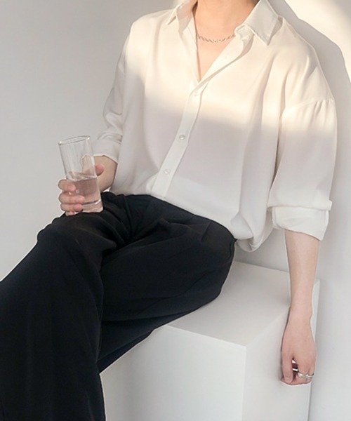 NOWLE（ノウル）の「【NOWLE】長袖 シフォン風 とろみシャツ（シャツ/ブラウス・メンズ・ブラック/ホワイト/ダークグレー/ライトグリーン/サックスブルー・MEDIUM/LARGE/XX-LARGE/X-LARGE）」の12枚目の写真