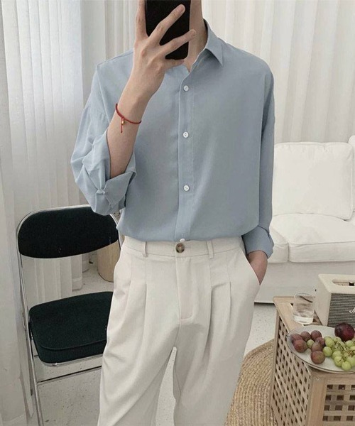 NOWLE（ノウル）の「【NOWLE】長袖 シフォン風 とろみシャツ（シャツ/ブラウス・メンズ・ブラック/ホワイト/ダークグレー/ライトグリーン/サックスブルー・MEDIUM/LARGE/XX-LARGE/X-LARGE）」の22枚目の写真