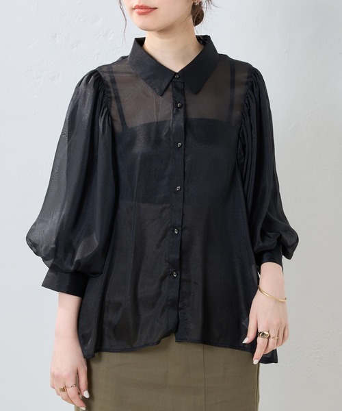 natural couture(ナチュラルクチュール)の「透け感が大人っぽい。ラメシアーボリュームスリーブシャツ(シャツ/ブラウス・レディース・オフホワイト/ブラック/グレー/オレンジ・FREE)」の14枚目の写真