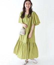 コットンワッシャーギャザーフレアワンピース
