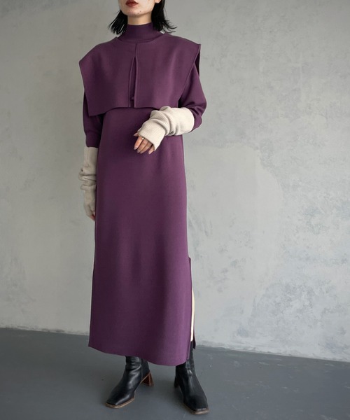 &g'aime（アンジェム）の「【&g’aime】ケープレイヤードニットワンピース/2piece（ワンピース・レディース・ブラック/パープル/グレイッシュベージュ/チャコール・FREE）」の4枚目の写真