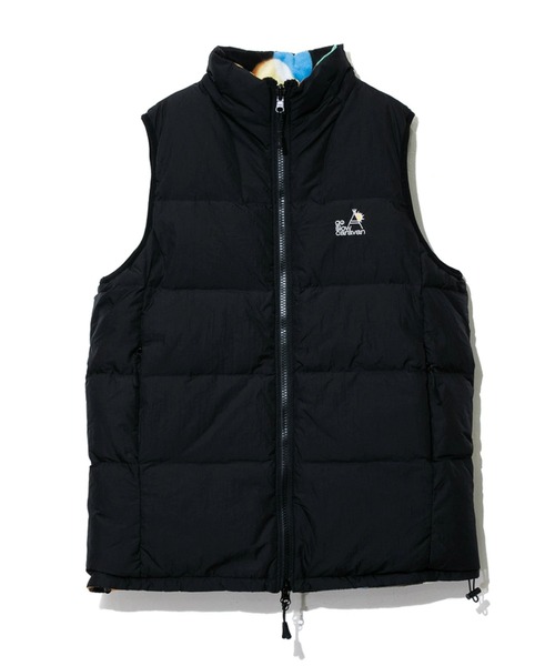 go slow caravan（ゴースローキャラバン）の「ナイロン x 総柄プリント BIGダウンベスト（ダウンベスト・メンズ・オレンジ/パープル/ブラック・MEDIUM/LARGE）」の2枚目の写真