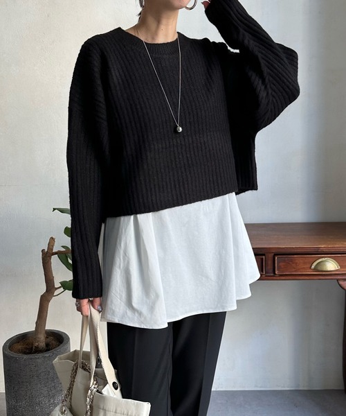 新品タグ付！45R/ウール混　ショート丈　ブラウス DouDou（ドゥドゥ）の「ヤクショート丈プルオーバー＋インナー