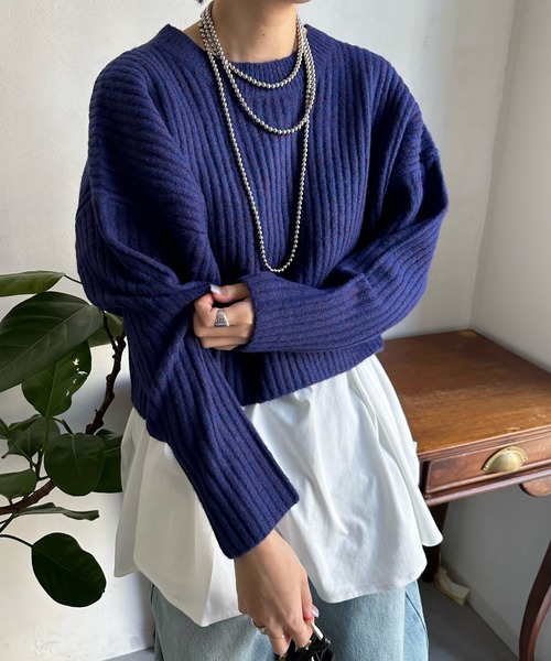 新品タグ付！45R/ウール混　ショート丈　ブラウス DouDou（ドゥドゥ）の「ヤクショート丈プルオーバー＋インナー