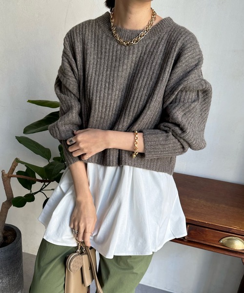 DouDou（ドゥドゥ）の「ヤクショート丈プルオーバー＋インナーセット（ニット/セーター・レディース・ブラック/ベージュ/パープル・FREE）」の4枚目の写真