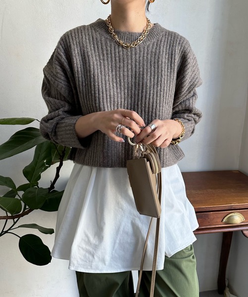 DouDou（ドゥドゥ）の「ヤクショート丈プルオーバー＋インナーセット（ニット/セーター・レディース・ブラック/ベージュ/パープル・FREE）」の5枚目の写真