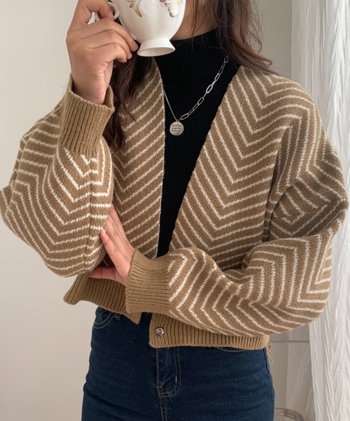 ABITOKYO(アビトーキョー)の「ヘリンボーンニット ショートカーディガン(カーディガン/ボレロ・レディース・ベージュ/グリーン/ブルー/ブラック・FREE)」の1枚目の写真