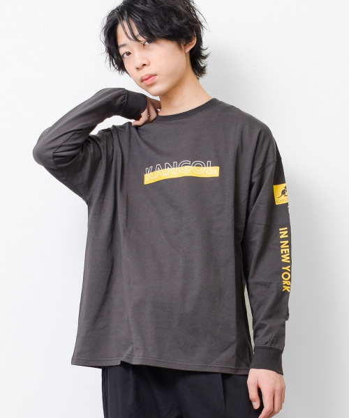 KANGOL KIDS(カンゴールキッズ)の「KANGOL 別注袖ネオンプリントロングTシャツ(Tシャツ/カットソー・キッズ・ブラック/チャコールグレー/オフホワイト・130/140/160/150/120)」の1枚目の写真